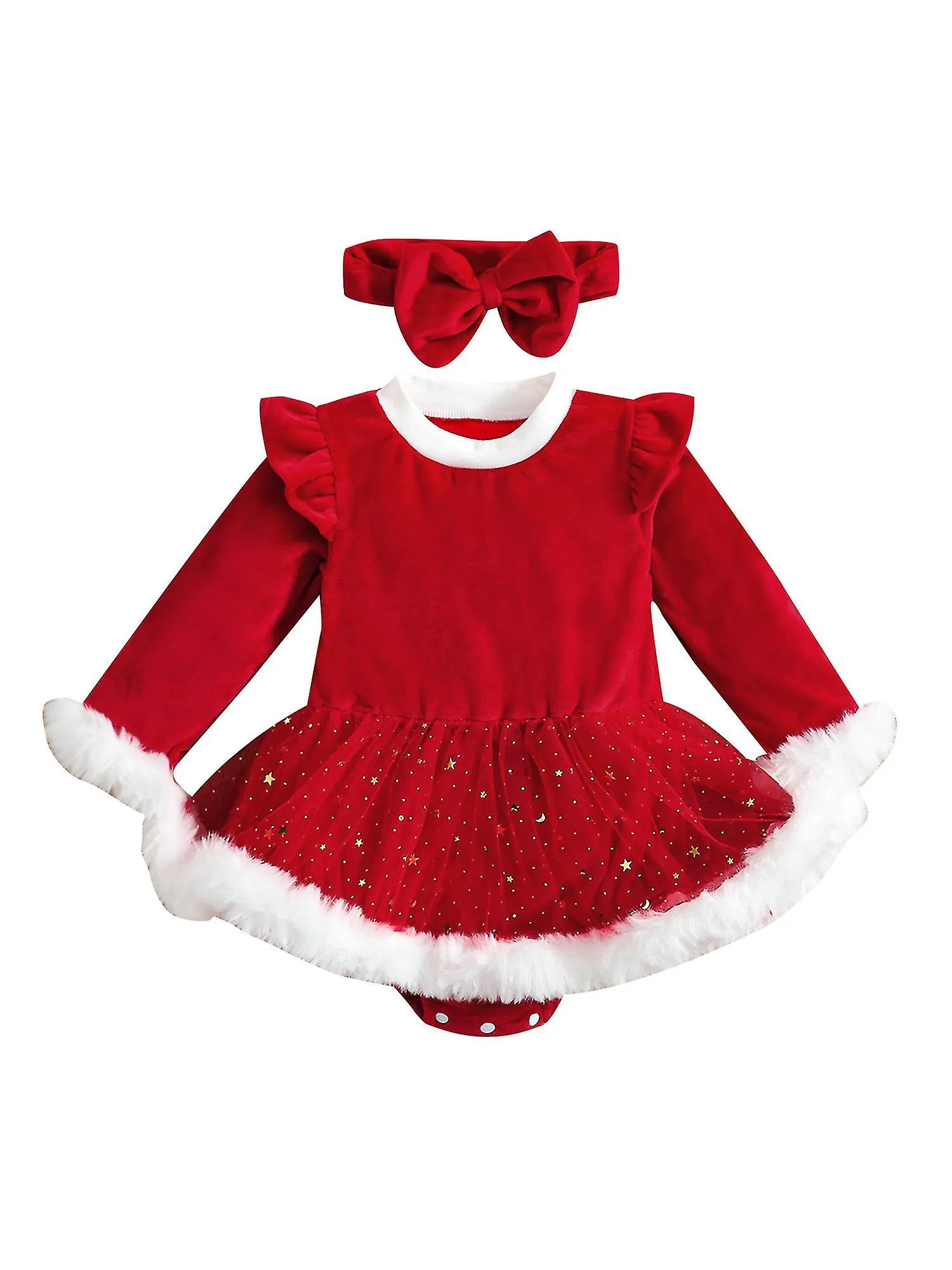 2pcs Infant Baby Girls Christmas Outfits Set Plush Long Sleeve Romper Dress Hairband Clothes Suit