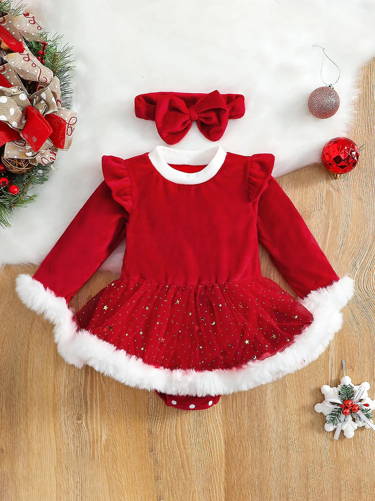 2pcs Infant Baby Girls Christmas Outfits Set Plush Long Sleeve Romper Dress Hairband Clothes Suit