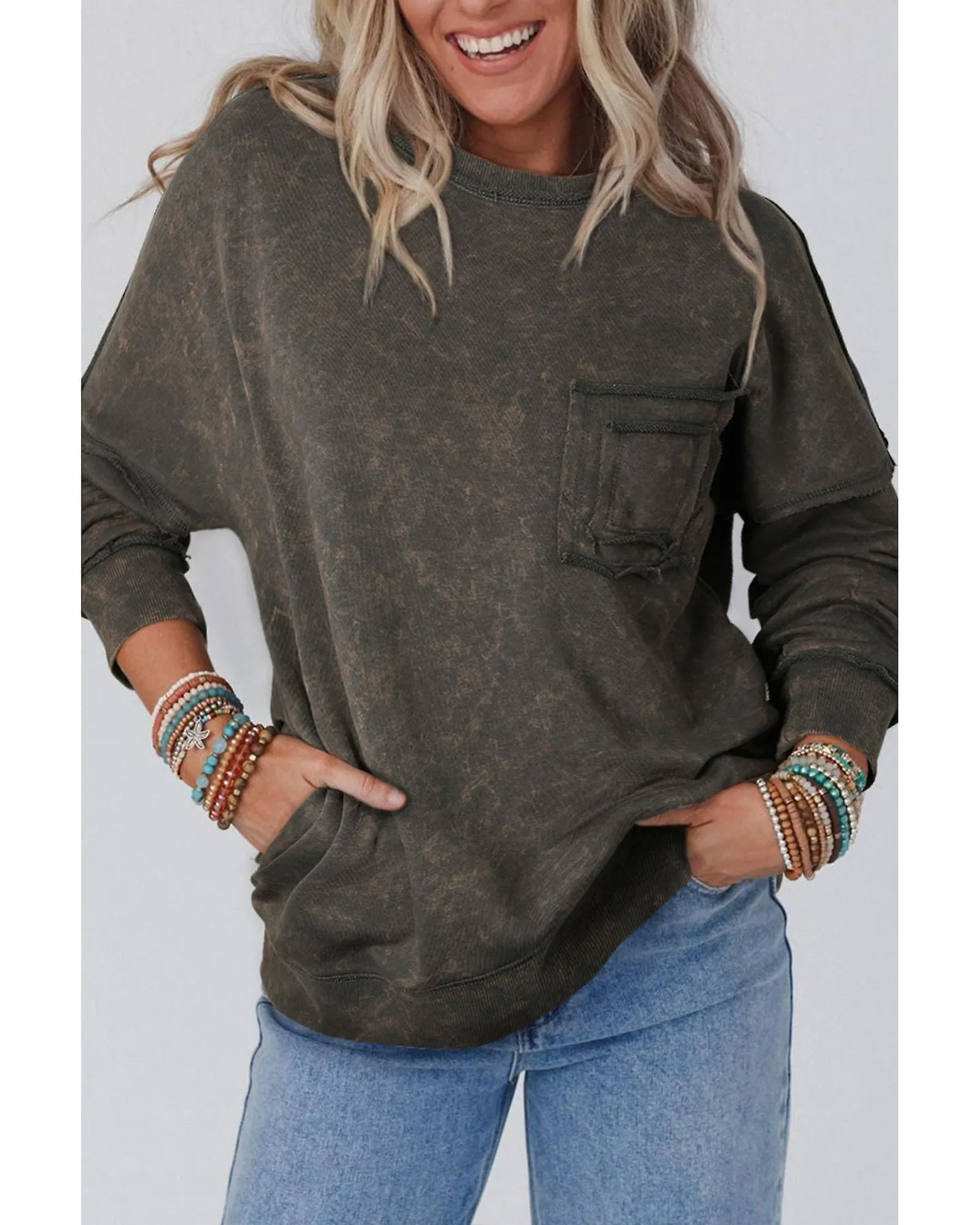 Azura Exchange  Acid Wash Drop Shoulder Long Sleeve Sweatshirt with Pockets