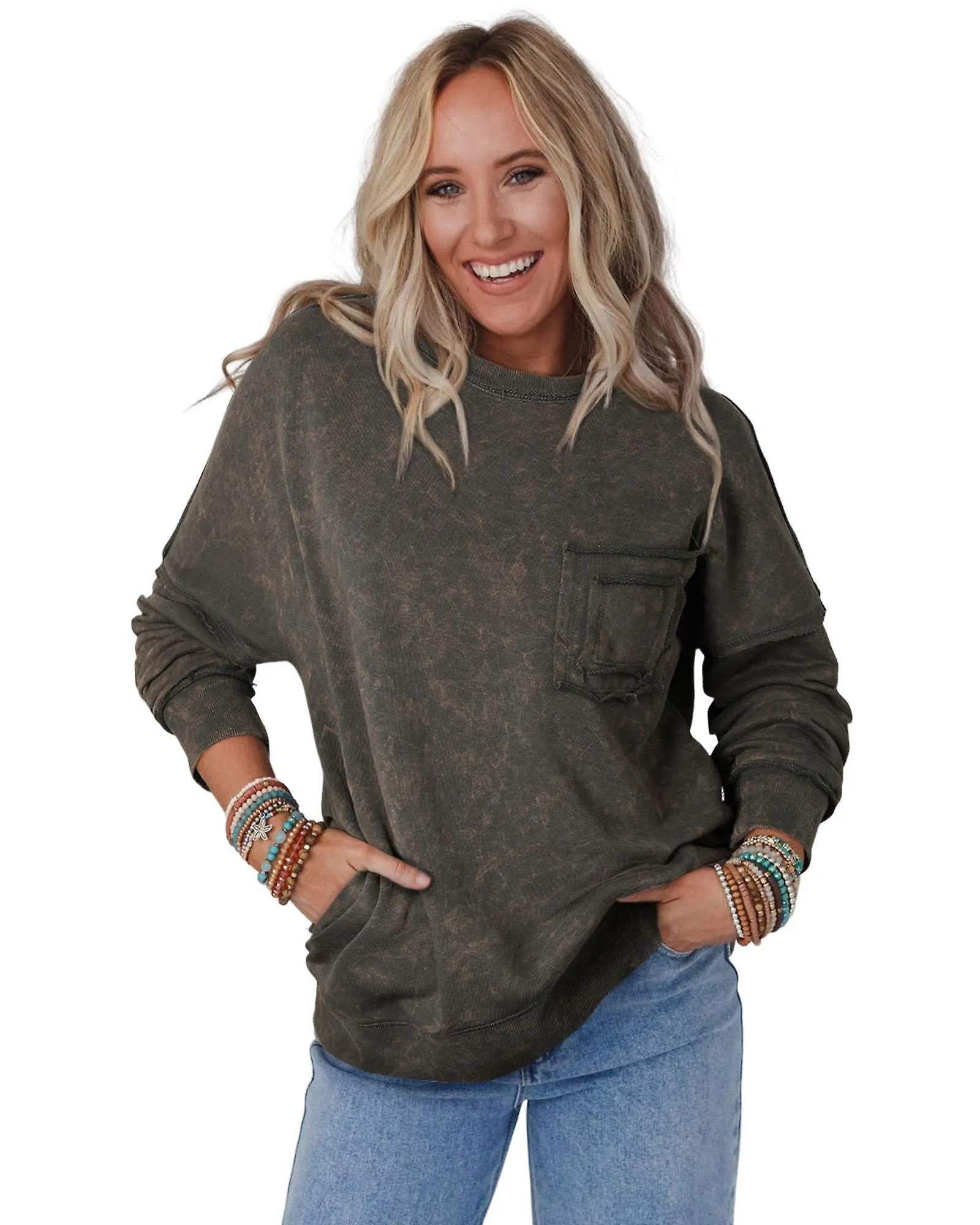 Azura Exchange  Acid Wash Drop Shoulder Long Sleeve Sweatshirt with Pockets