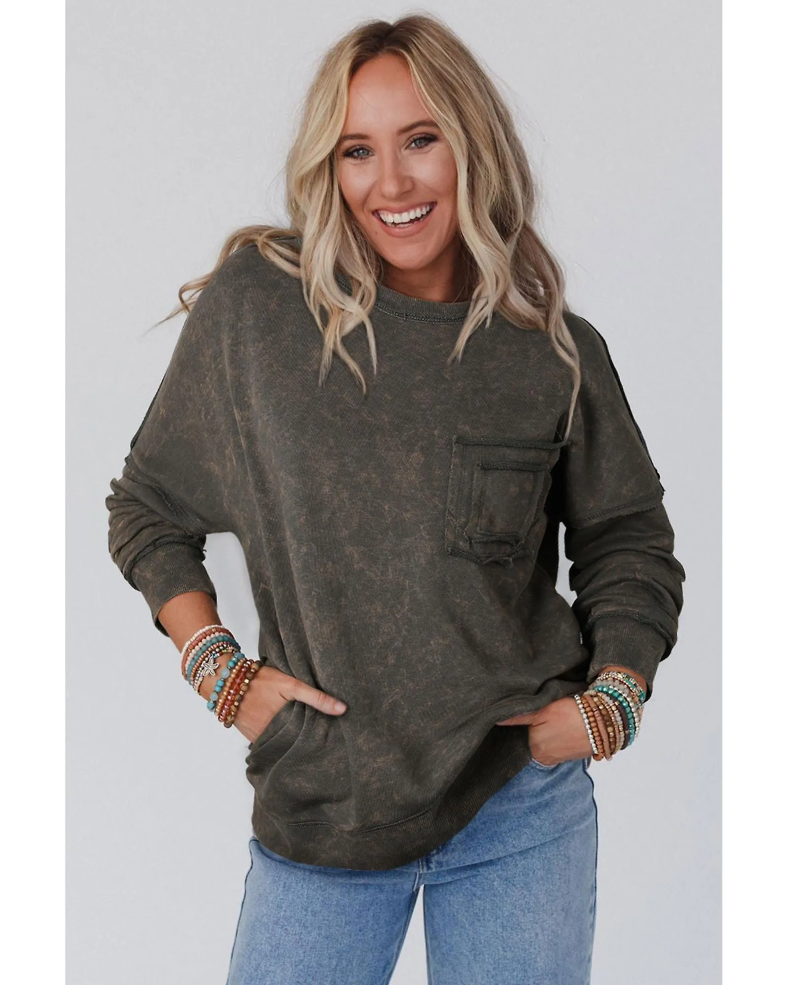 Azura Exchange  Acid Wash Drop Shoulder Long Sleeve Sweatshirt with Pockets