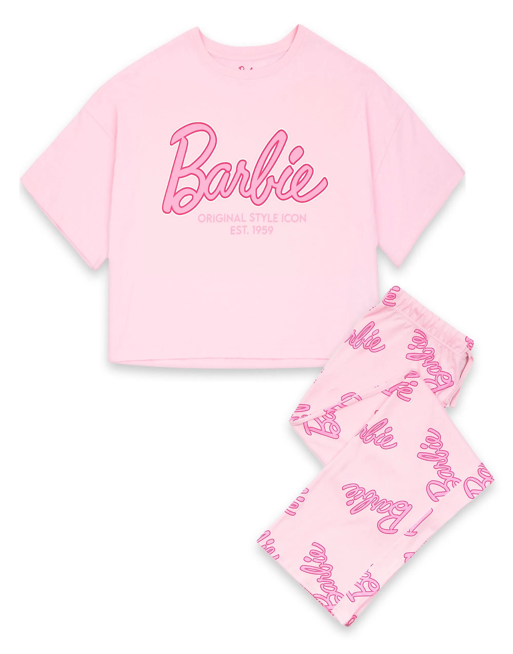 Barbie Womens Short Sleeve Long Leg Pyjama Set Pink Logo All Over Print