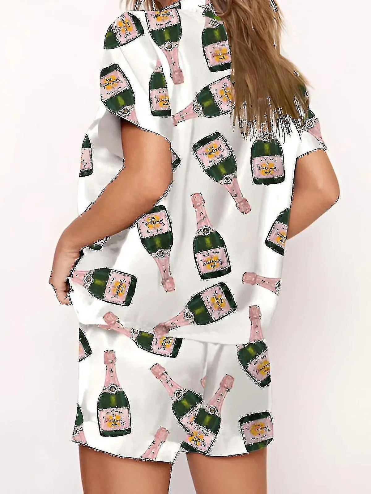 Champagne Bottles Button Pajama Set Women Printed Short Sleeve 2 Pieces Soft Loose Casual Sleepwear Comfortable HomewearA6