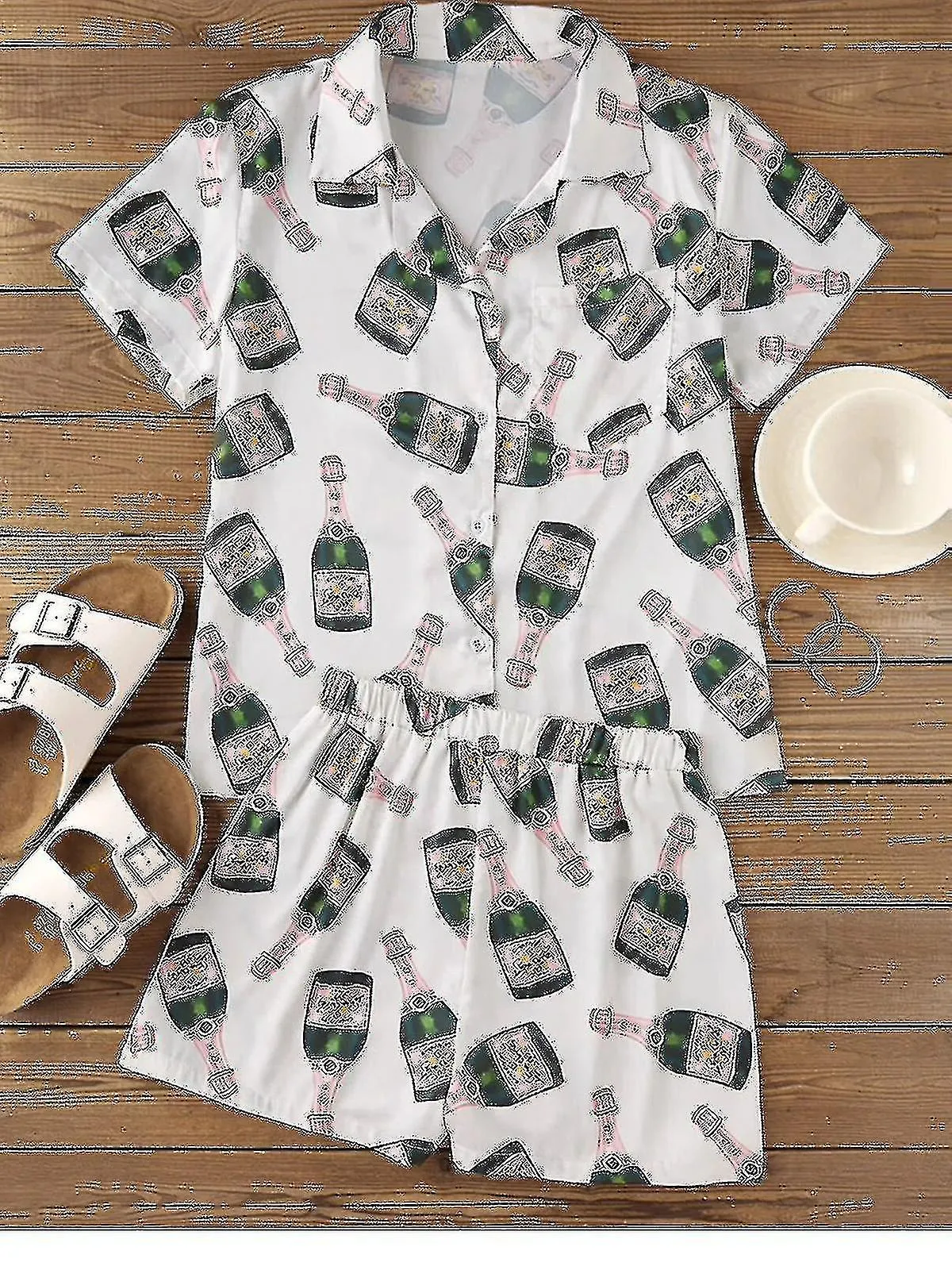 Champagne Bottles Button Pajama Set Women Printed Short Sleeve 2 Pieces Soft Loose Casual Sleepwear Comfortable HomewearA6