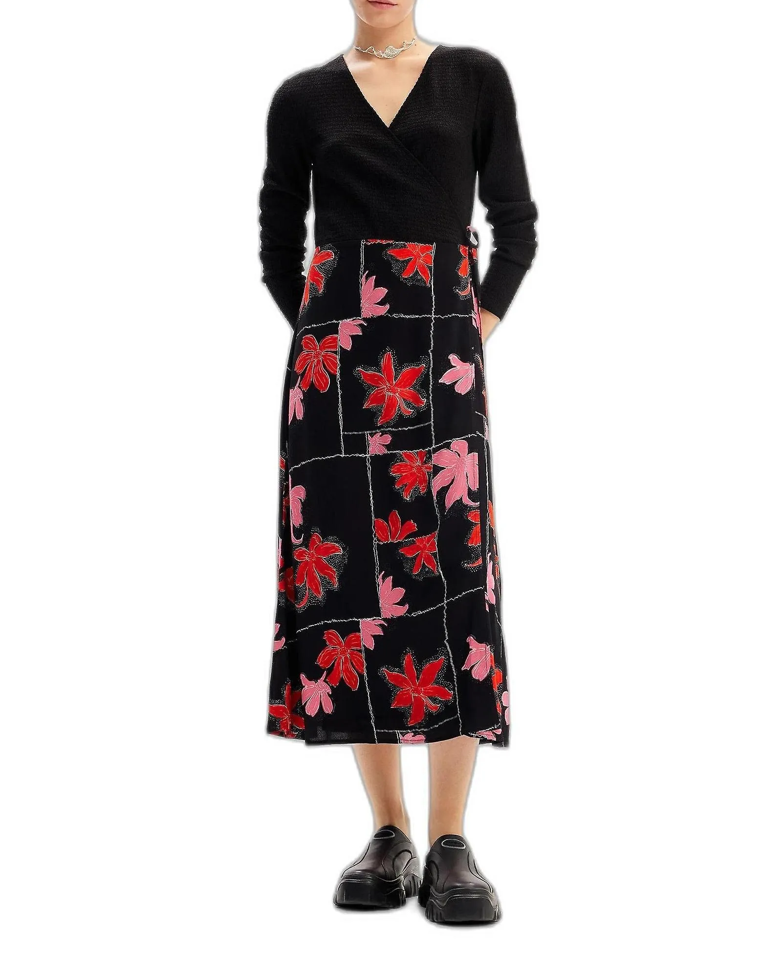 Desigual Floral Long Sleeve V-Neck Dress