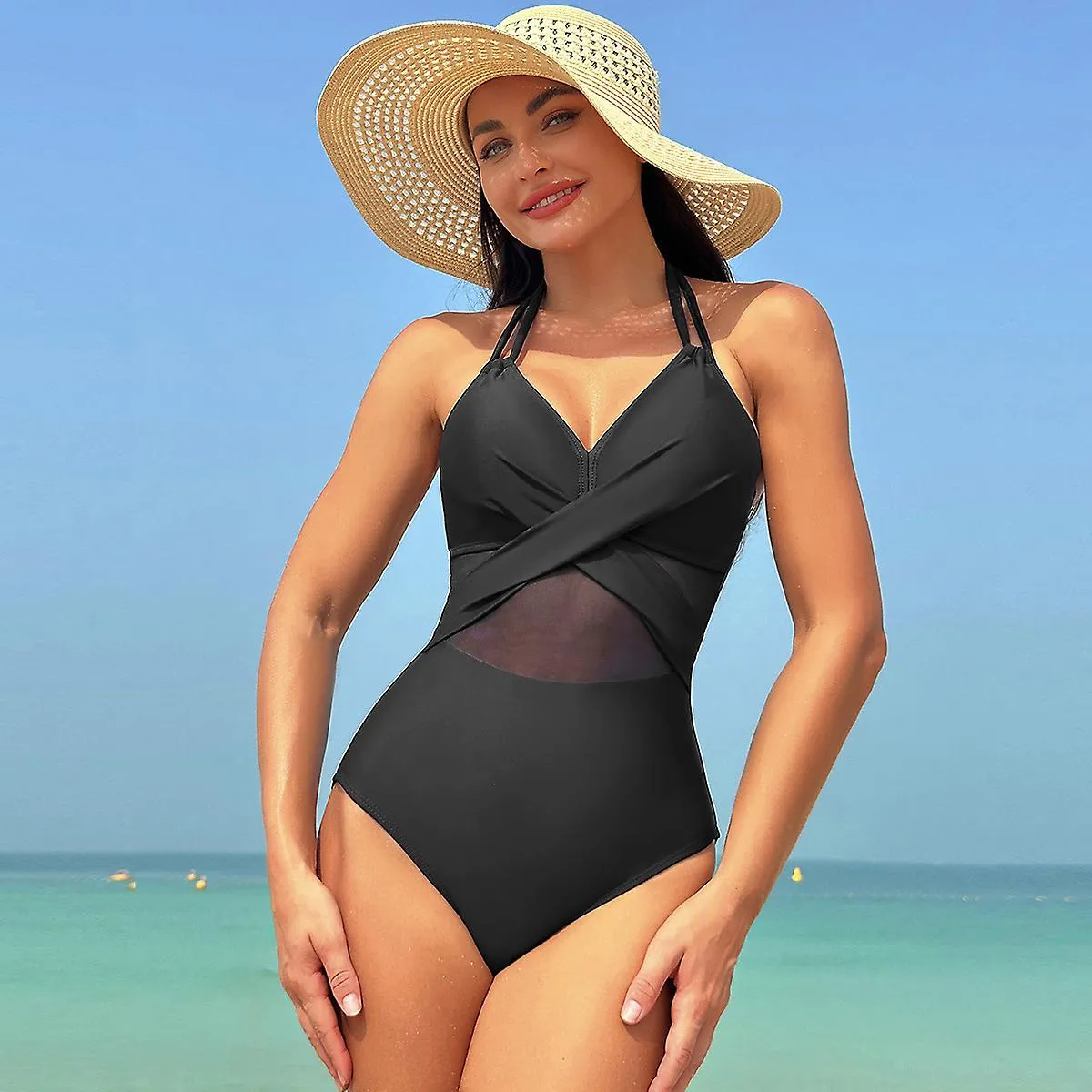 Fashion one piece swimsuit women solid color mesh bikini swimsuit swimsuit F 2XL