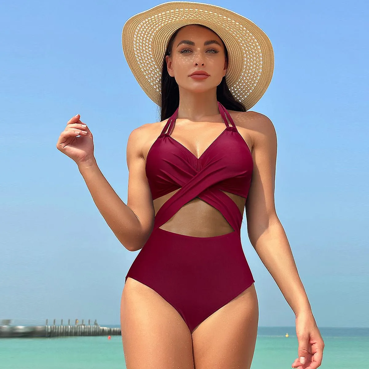 Fashion one piece swimsuit women solid color mesh bikini swimsuit swimsuit G 2XL