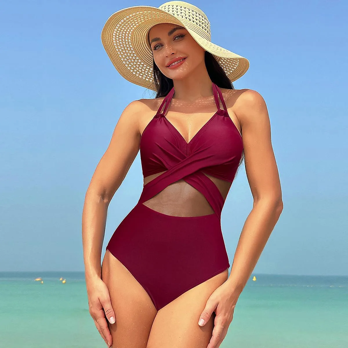 Fashion one piece swimsuit women solid color mesh bikini swimsuit swimsuit G 2XL