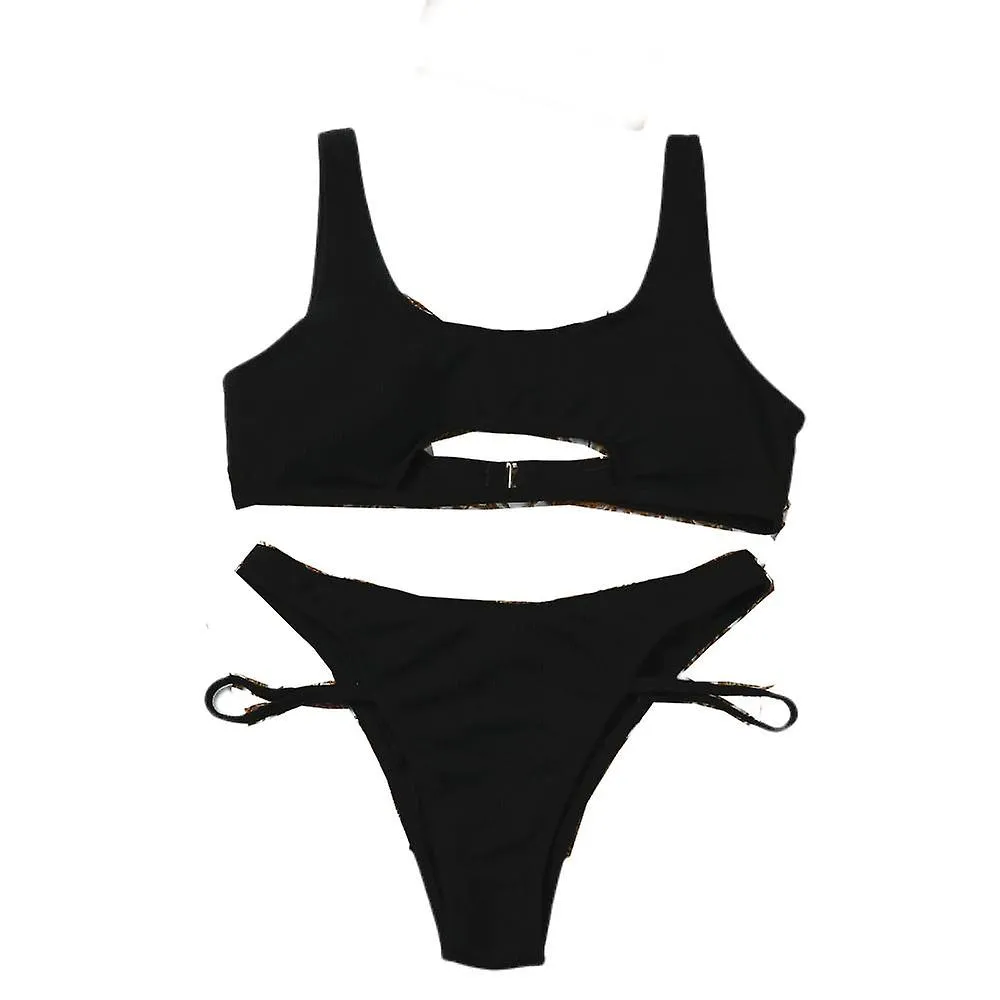 Ladies Split Bikini, Small Round Collar Sexy Pit Pure Color Hollow Beach Swimsuit for Holiday, Bathing, Black (L)