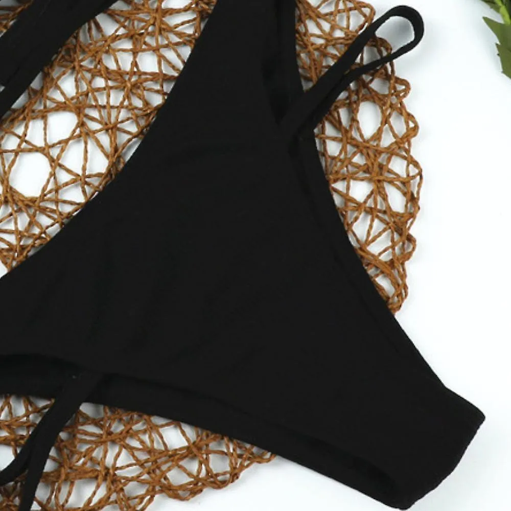 Ladies Split Bikini, Small Round Collar Sexy Pit Pure Color Hollow Beach Swimsuit for Holiday, Bathing, Black (L)