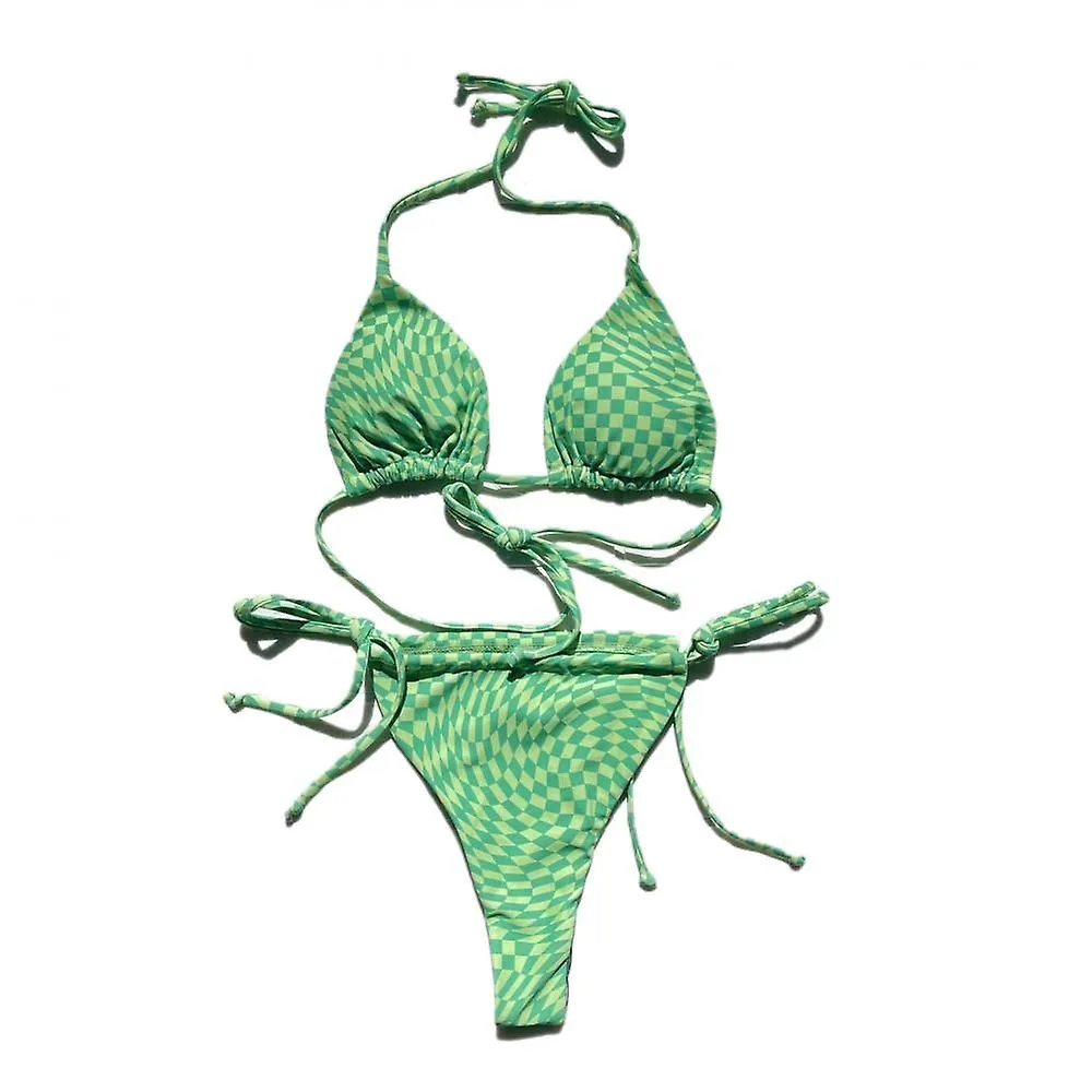 Ladies Swimwear Plaid Tie Closure Bikini String Bathing Suit Swimming Costume for  SPA, Surfing (L/Green)