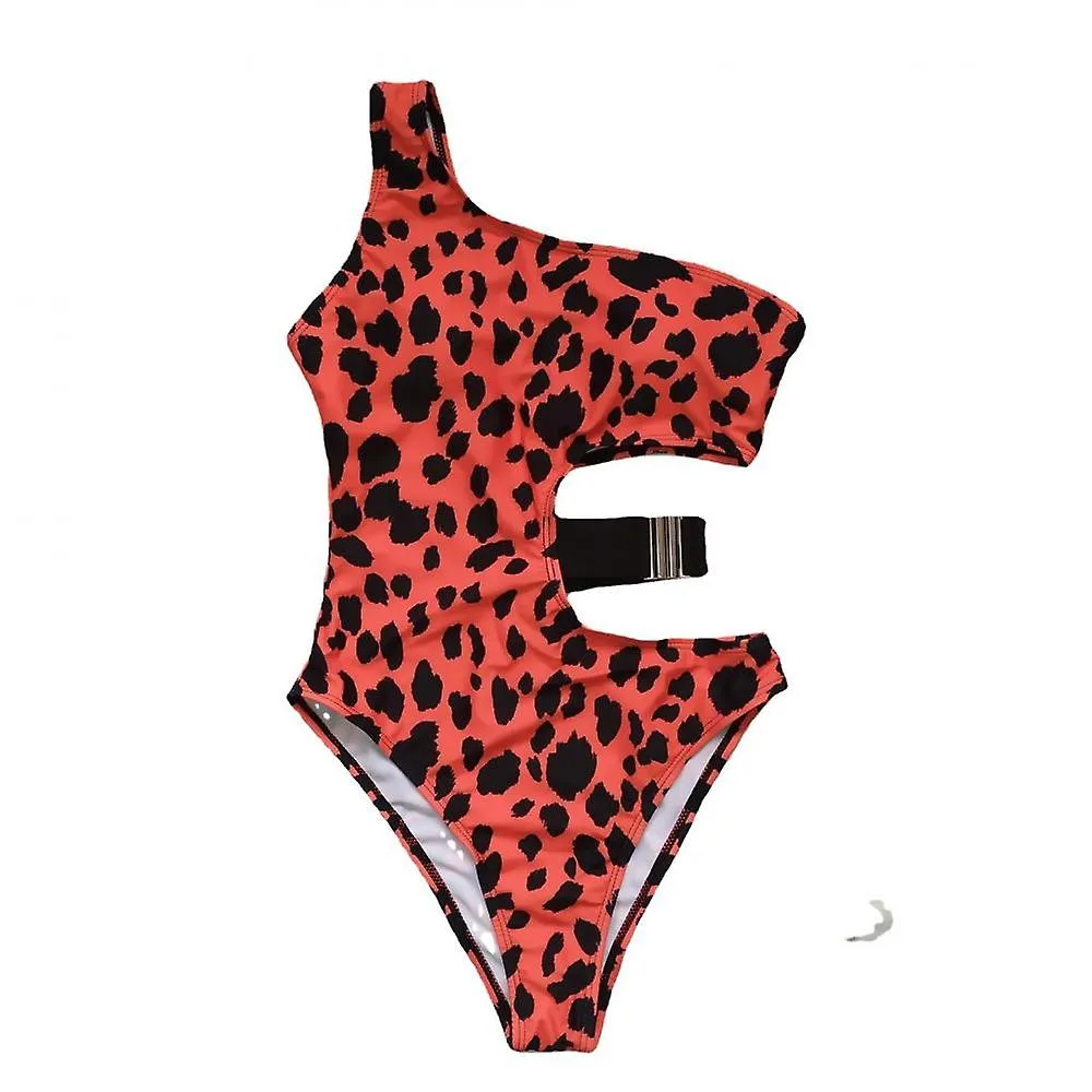 Leopard Thermal Spring 1-shoulder Women's 1-piece Swimsuit, Beach Bikini, Abdominal Elastic Bandage (L)