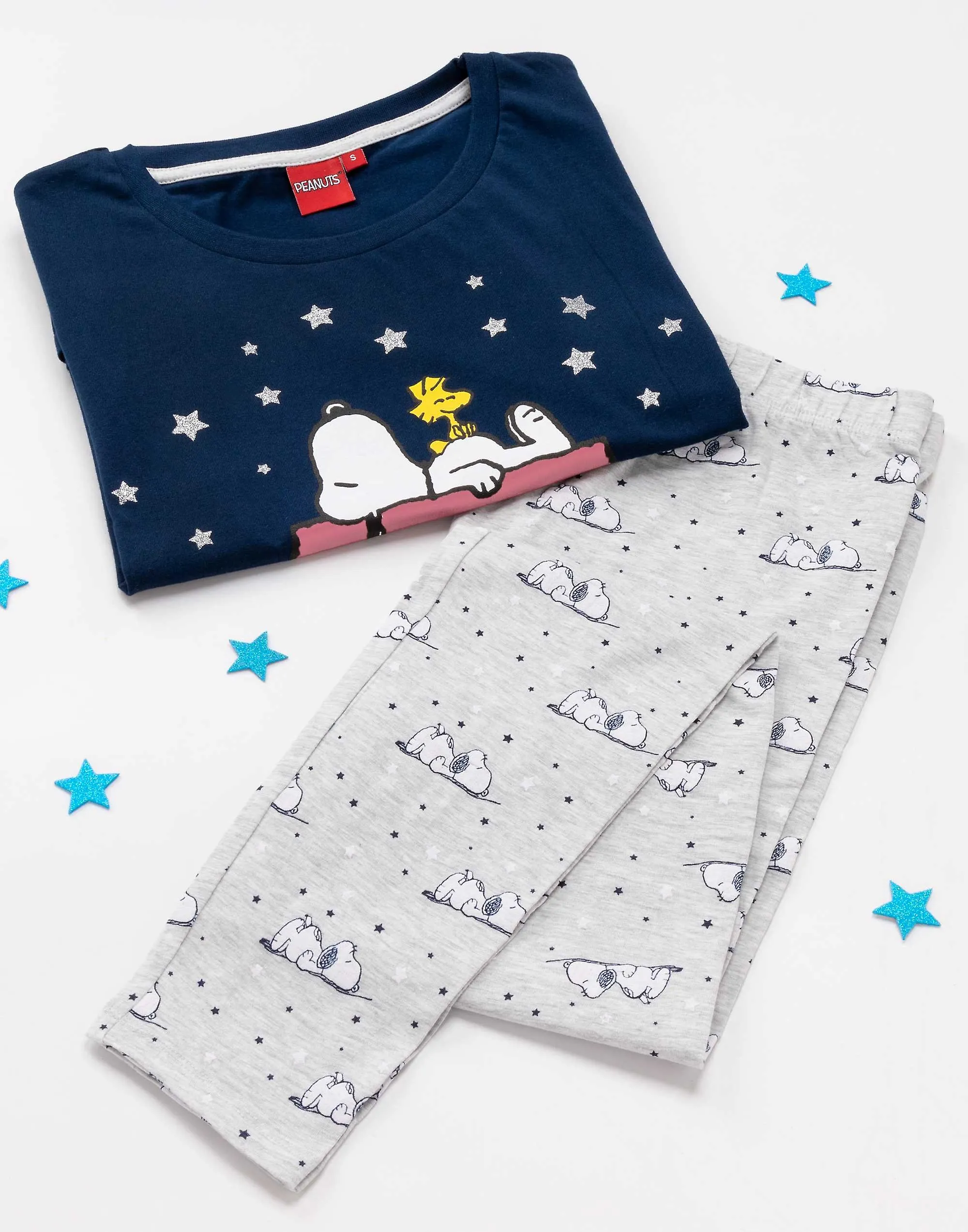 Peanuts Womens Short Sleeve Long Leg Pyjama Set Blue Snoopy