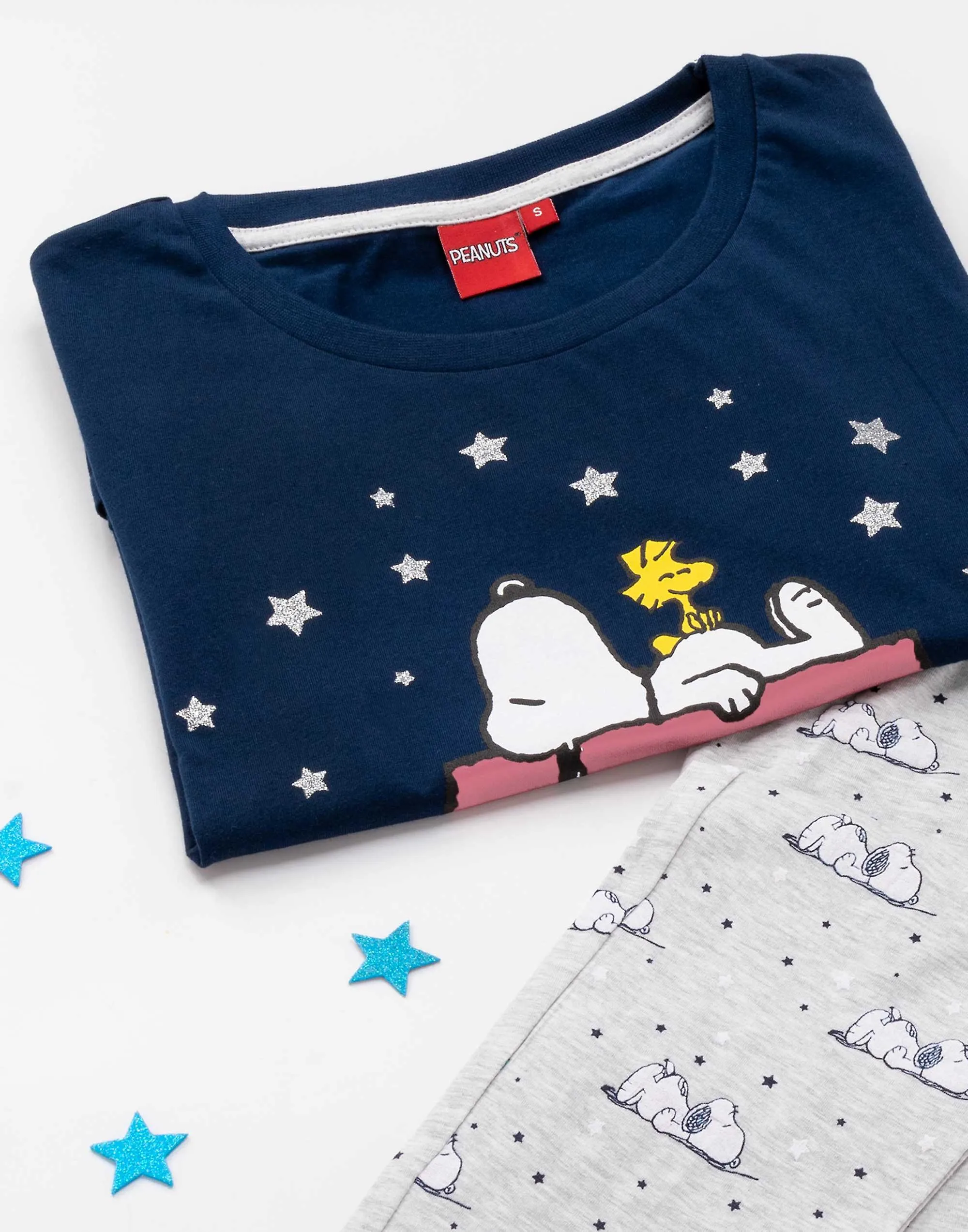 Peanuts Womens Short Sleeve Long Leg Pyjama Set Blue Snoopy