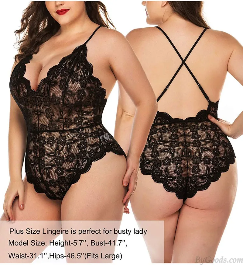 Sexy Black Teddy Lingerie For Women Deep V Bodysuit Soft One Piece Floral Lace Lingerie