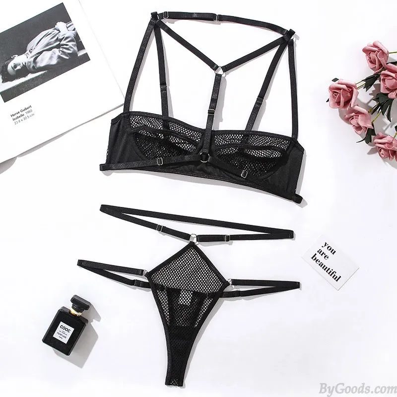 Sexy Deep V Mesh Bralette High Rise Panty 2 Piece Set Exotic Underwear Strappy Push Up Slutty Bodysuit Women's Lingerie