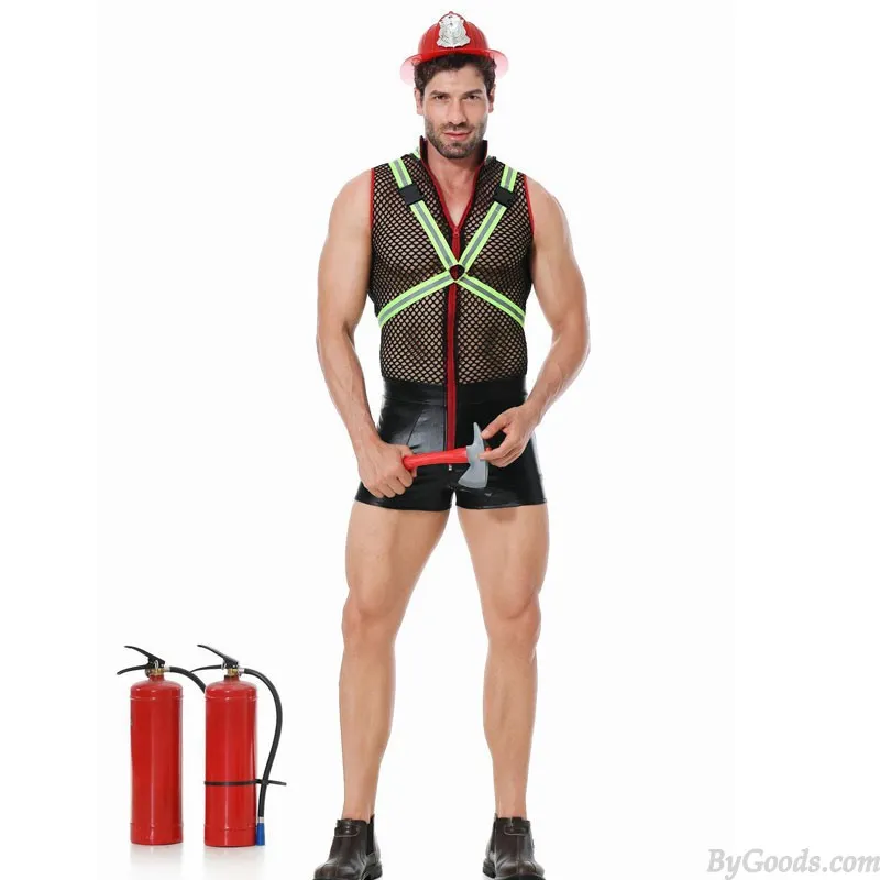 Sexy Firemen Cosplay Costume Fishnet Vest Tops Splice Faux Leather Underpants Leotard Bodysuit Jumpsuit Wrestling Men's Lingerie
