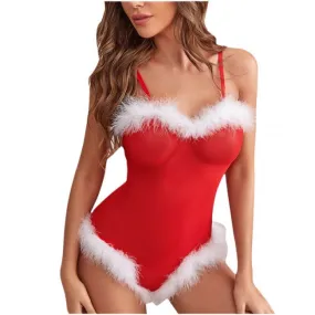Sexy Fluffy Christmas Red Sheer Teddy Bodysuit Tights Corset Leotard Jumpsuit Clubwear Exotic Nightwear Santa Costume Strap Wome