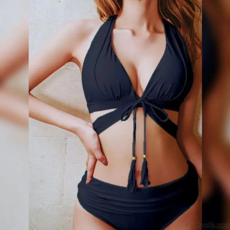 Sexy Front Cross High Rise Two Pieces Beach Summer Swimwear Women's Bathing Suit Halter Swimsuits Strap Bikini 