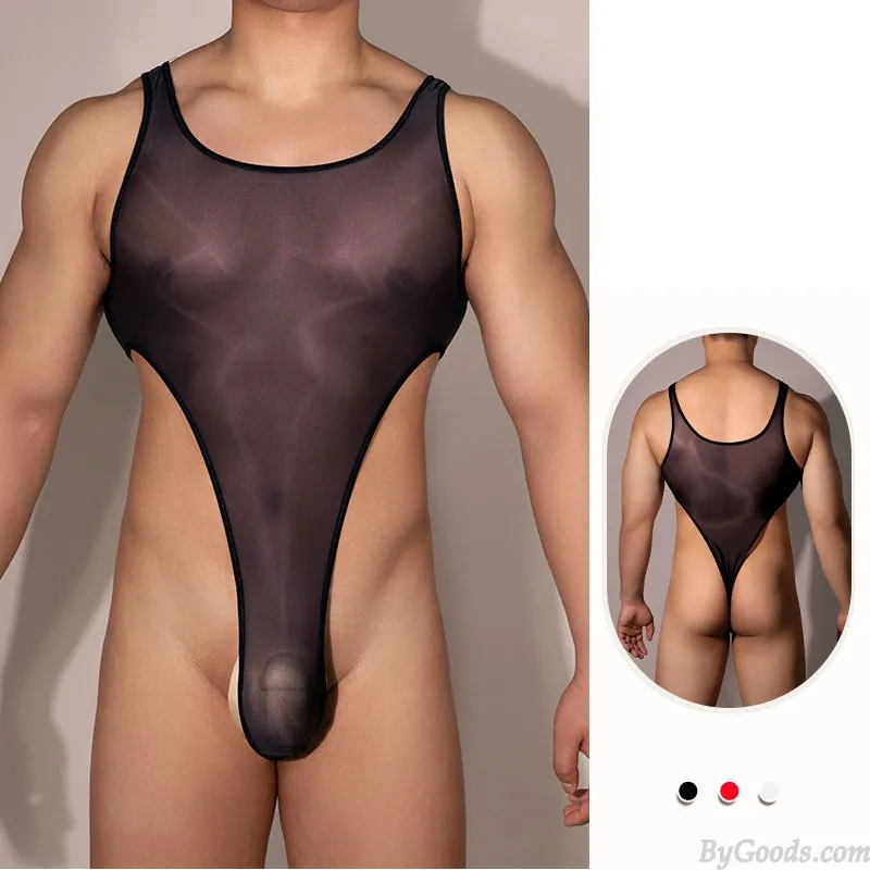 Sexy Thin Sheer Bodysuit For Men Jumpsuit Vest Transparent Sissy Athletic Supporter Stretch Leotard Suspender Lingerie 