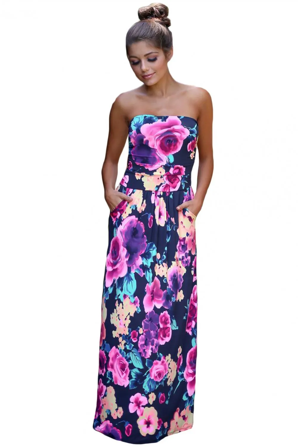 Vestido largo floral fucsia boho