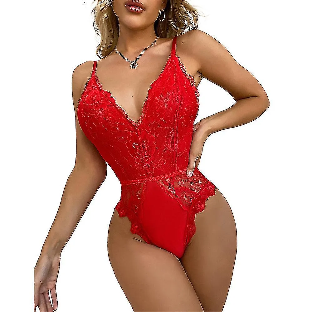 Women V Neck Bodysuit Lingerie See-through Lace Babydoll Underwear Sleepwear