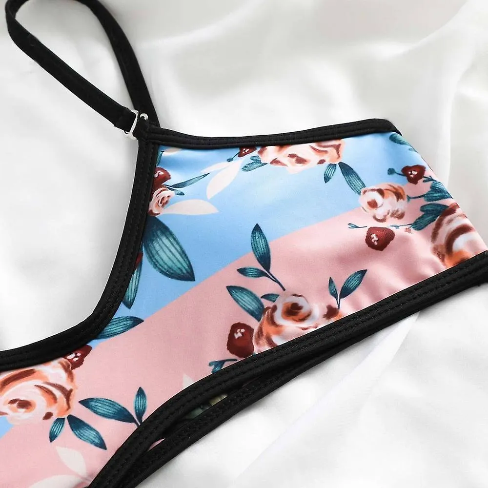 Women's Retro Sexy Bikini, Double-sided Printed Mid-waist Suspenders, Backless Swimsuit, Blue Pink (S)