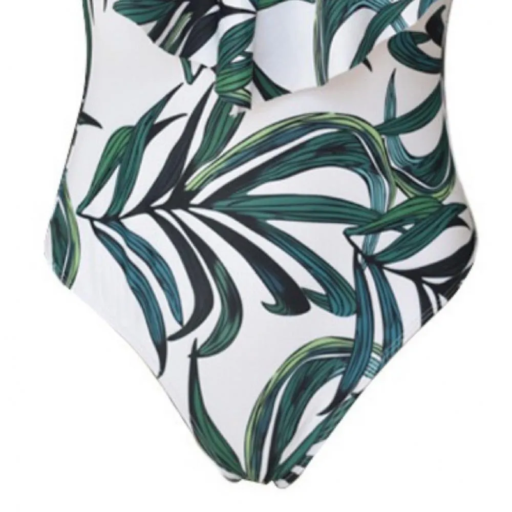 Women's Sexy One-piece Bikini, Leaf Print Ruffle Deep V-neck Slim Swimsuit, for Swimming, Surfing, Sand Bath, White (S)