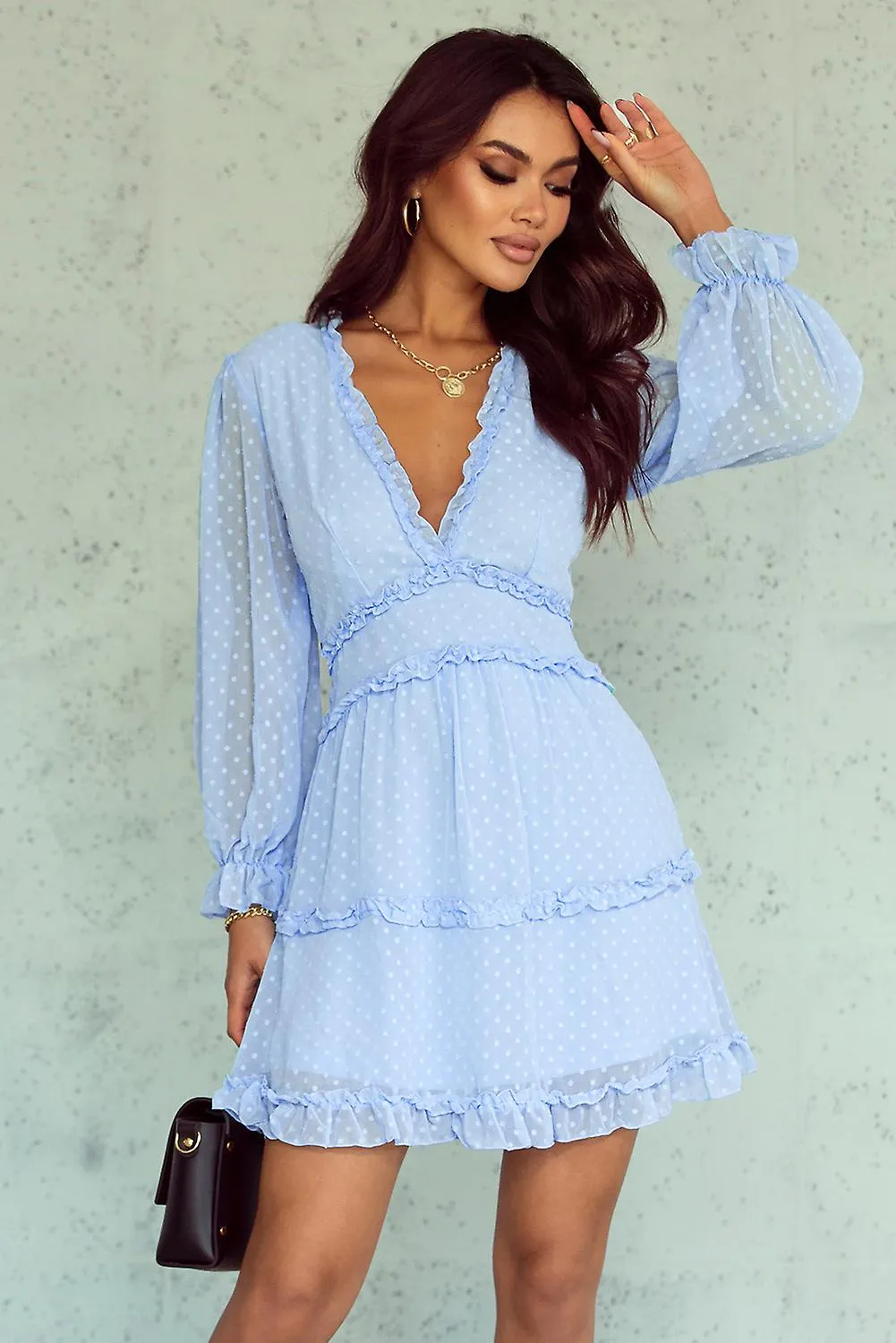 Women's Sky Blue Layered Ruffled Open Back Puff Sleeve Swiss Dot Mini Dress