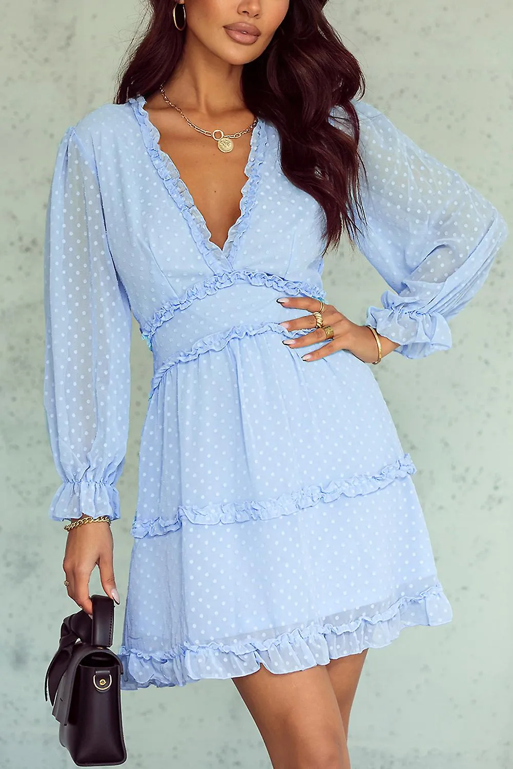 Women's Sky Blue Layered Ruffled Open Back Puff Sleeve Swiss Dot Mini Dress