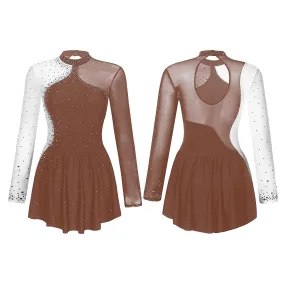 Womens Sparkly Rhinestone Ballet Figure Skating Dance Costume Sheer Mesh Long Sleeve Mock Neck Lyrical Dance Dresses Dancewear