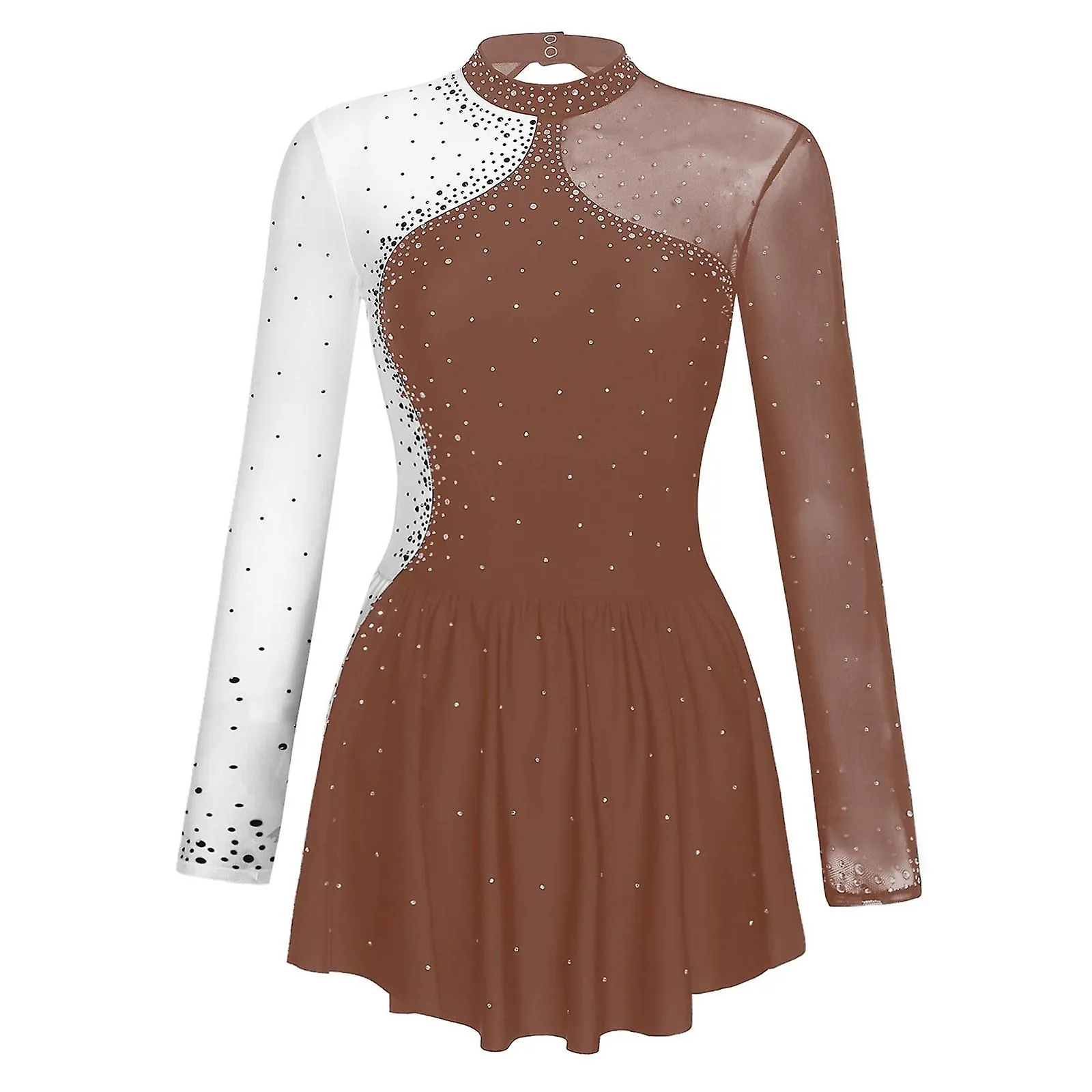 Womens Sparkly Rhinestone Ballet Figure Skating Dance Costume Sheer Mesh Long Sleeve Mock Neck Lyrical Dance Dresses Dancewear