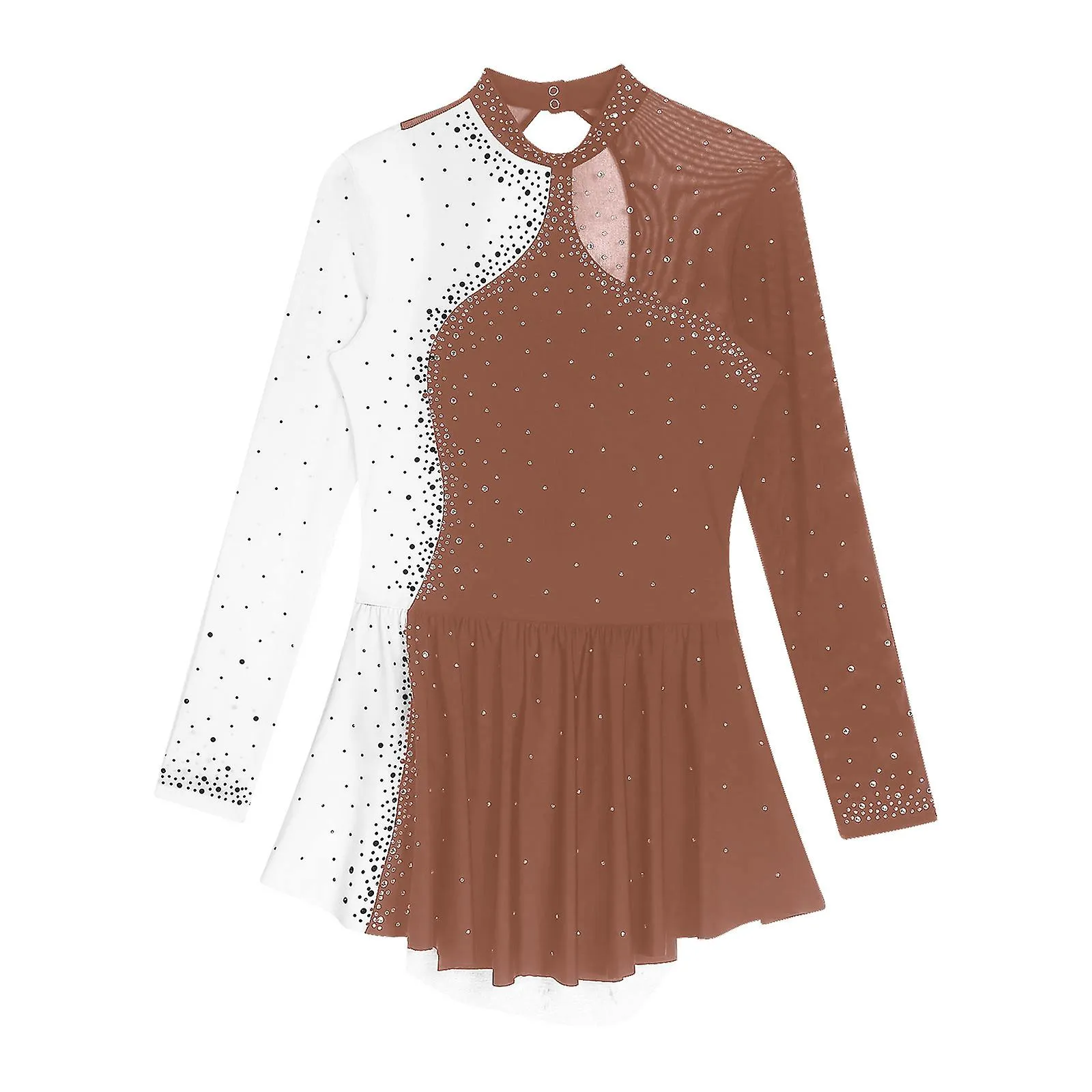 Womens Sparkly Rhinestone Ballet Figure Skating Dance Costume Sheer Mesh Long Sleeve Mock Neck Lyrical Dance Dresses Dancewear