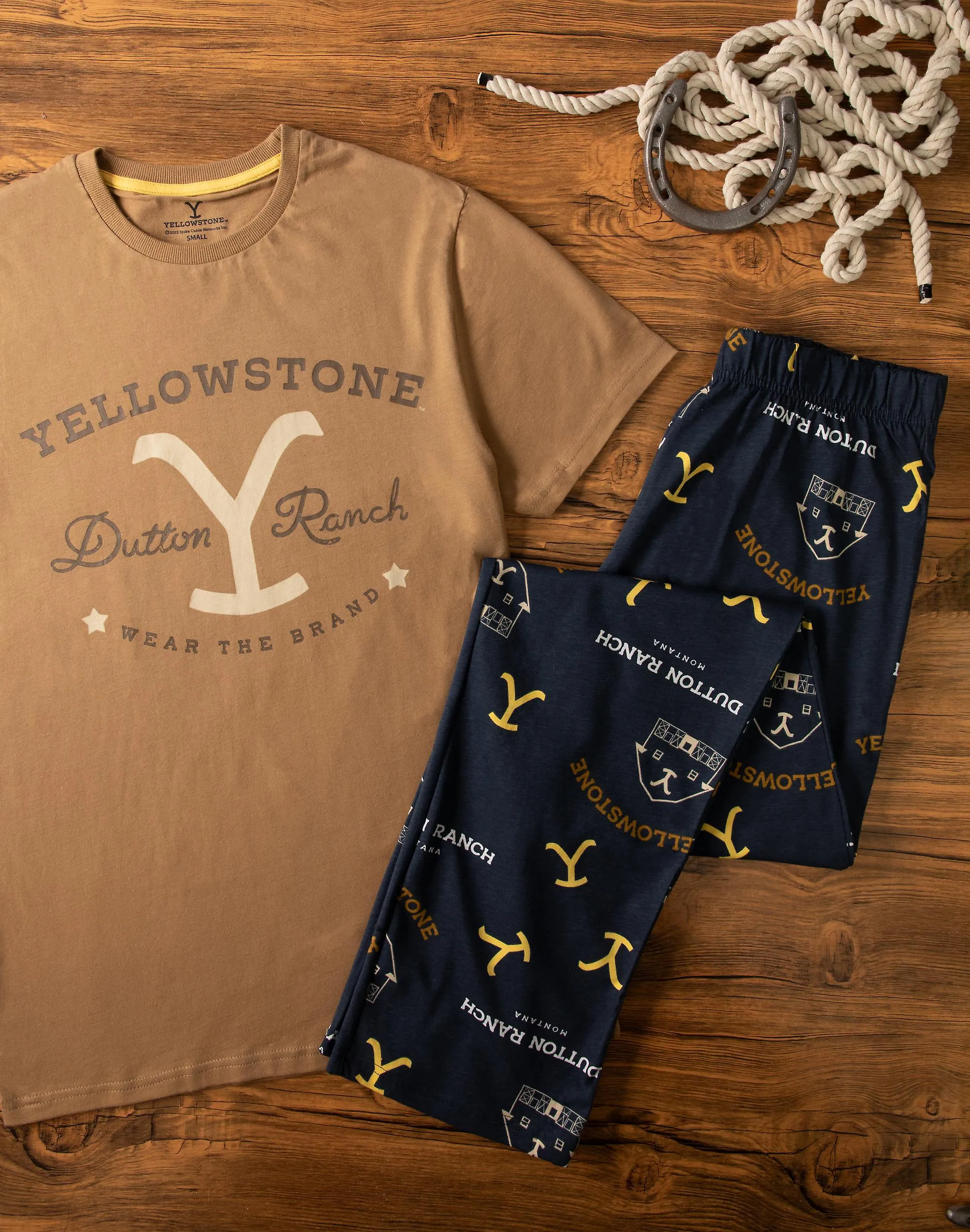 Yellowstone Mens Short Sleeve Long Leg Pyjama Set Multicoloured Dutton Ranch Top and All Over Print Bottoms