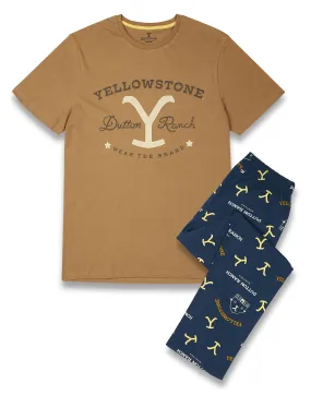 Yellowstone Mens Short Sleeve Long Leg Pyjama Set Multicoloured Dutton Ranch Top and All Over Print Bottoms